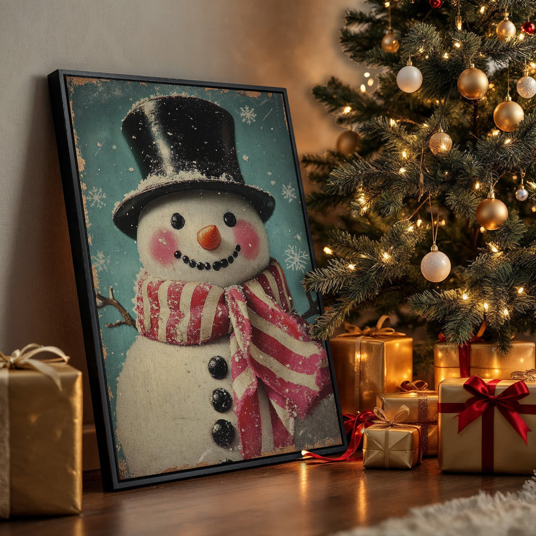 Framed Wall Art: Vintage snowman print with a distressed look. Festive winter art in a red, white, and teal color palette, perfect for holiday decor.