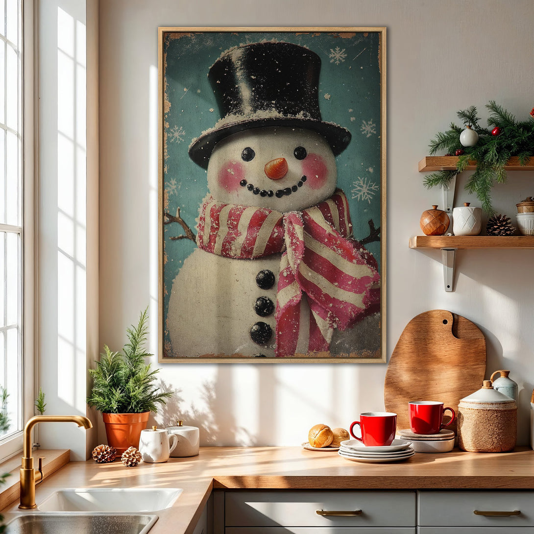 Framed Wall Art: Vintage snowman print with a rustic, distressed style. Features a cheerful snowman in a red & white scarf against a blue background. Perfect holiday decor.