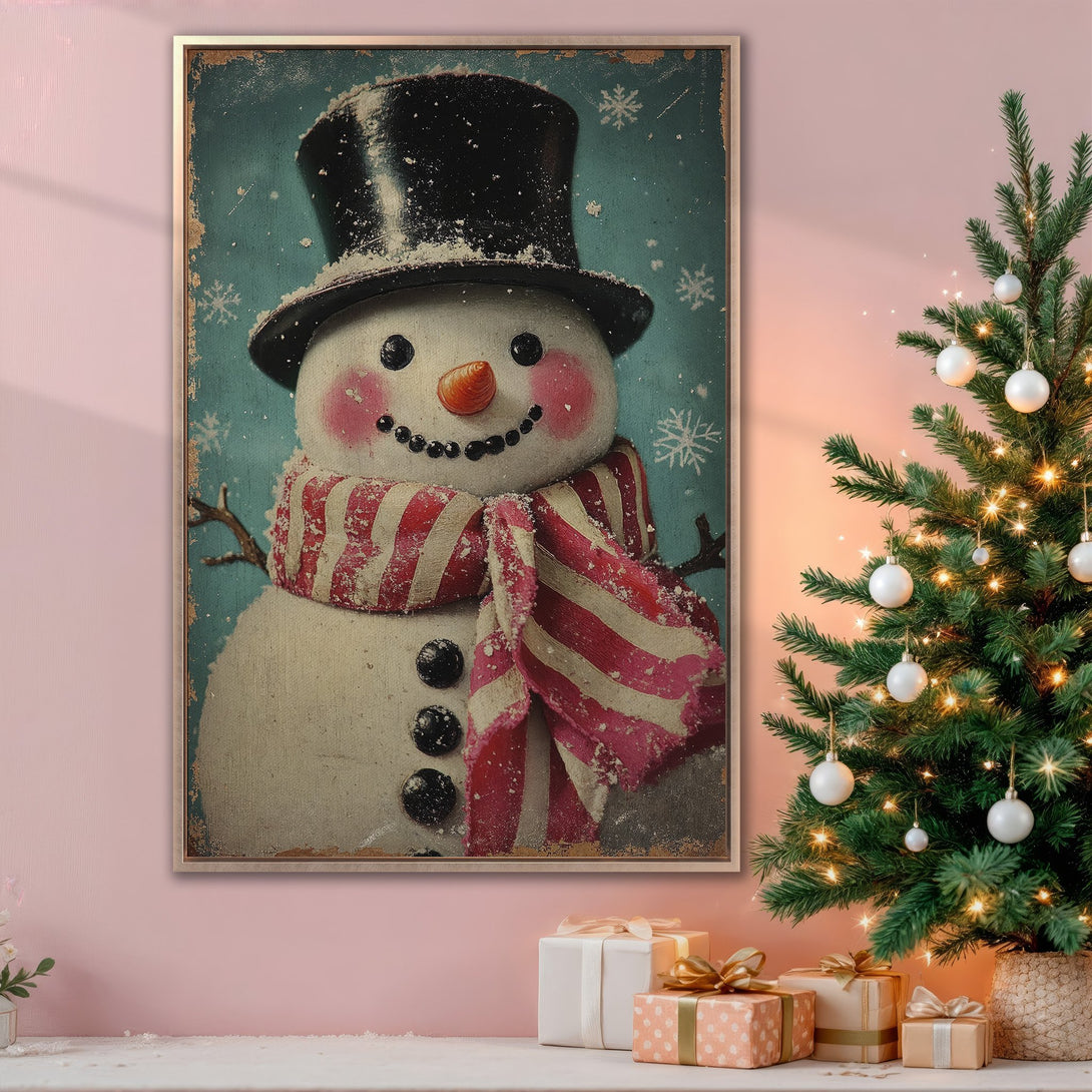 Framed Wall Art: Vintage snowman print in a rustic style, featuring a red and white scarf, set against a teal backdrop. Perfect for Christmas decor!