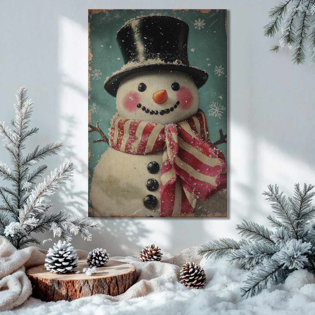 Framed Wall Art: Vintage snowman print in a cozy Christmas interior. Features a rustic style with red, white, and teal color palette. Perfect holiday decor.