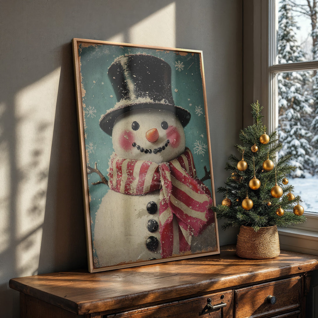 Framed Wall Art: Vintage snowman print in a cozy interior. Rustic style with a blue, red, and white color palette. Perfect for Christmas decor!