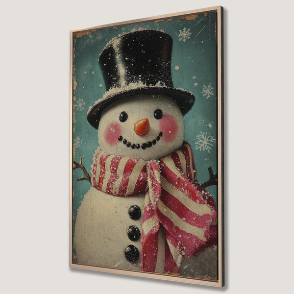 Framed Wall Art: Vintage snowman print in a gold frame. Features a retro style, winter scene with a blue, red, and white color palette. Perfect holiday decor!