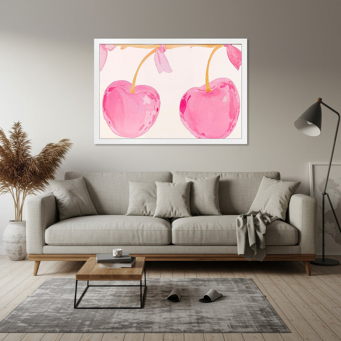 Framed Poster featuring watercolor pink cherries. Modern art print with a soft, pastel color palette. Perfect wall decor for your home!