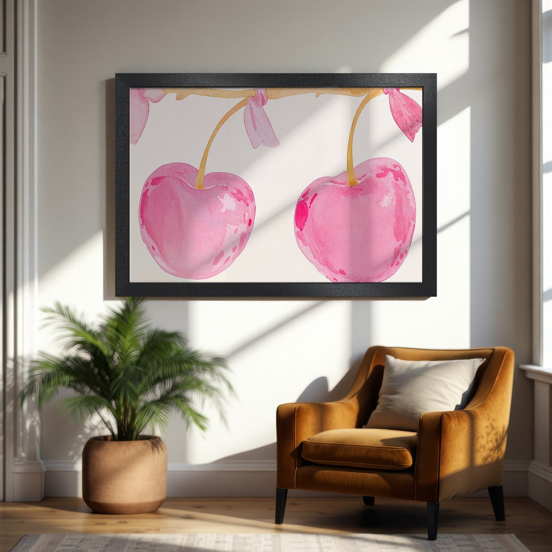 Framed Poster featuring watercolor cherries in pink hues. Perfect wall art for a touch of elegance.