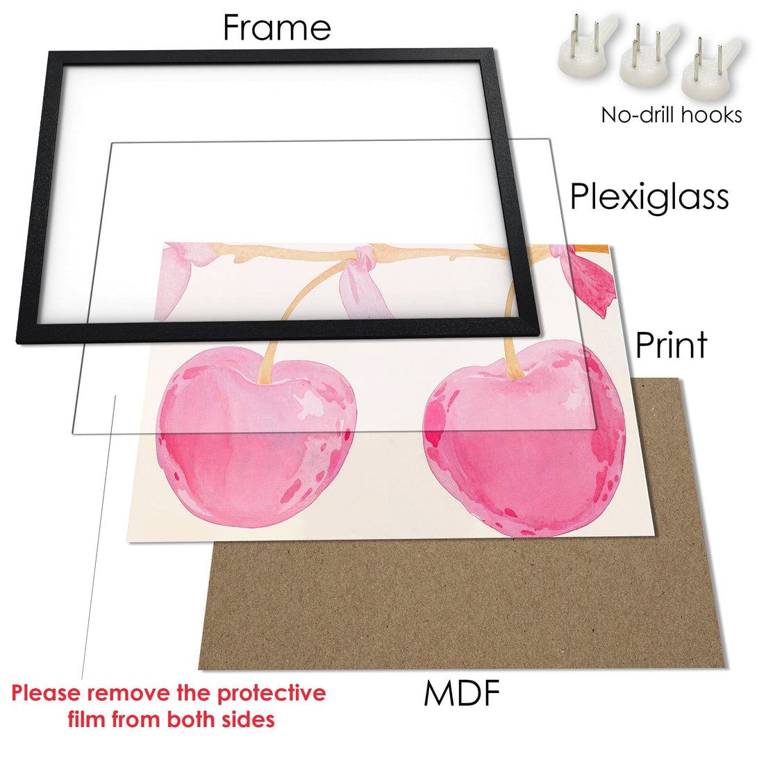 Framed Poster featuring watercolor cherries in pink and beige tones. Perfect wall art for your home!