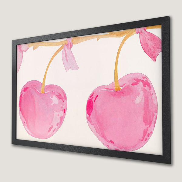 Framed Poster featuring watercolor cherries in pink and yellow. Perfect wall art for a pop of color.