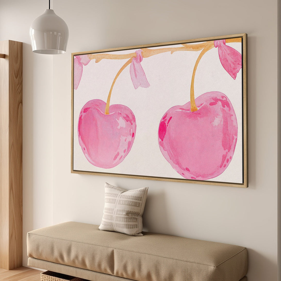 Framed Wall Art: Watercolor cherry print in pink hues. Modern botanical art for a stylish interior. Add a pop of color to your space!