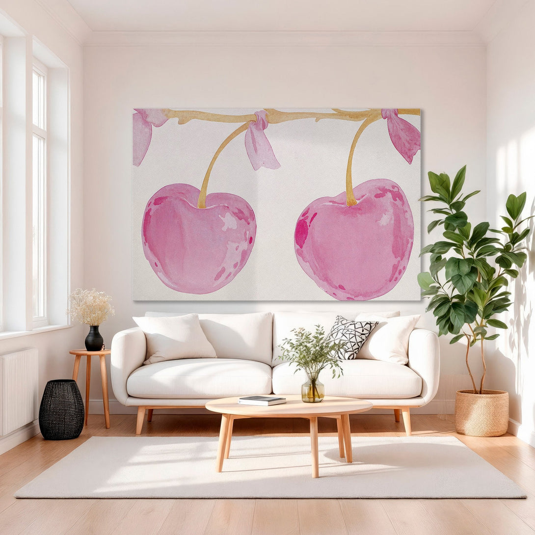 Framed Wall Art: Watercolor cherries in pink hues, a charming addition to any space. Soft, feminine style with a gold frame. Perfect for modern decor.