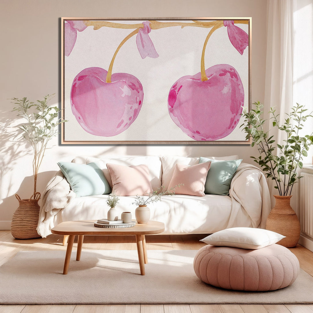 Framed Wall Art featuring watercolor cherries in pink hues, perfect for adding a touch of elegance and color to any living space.