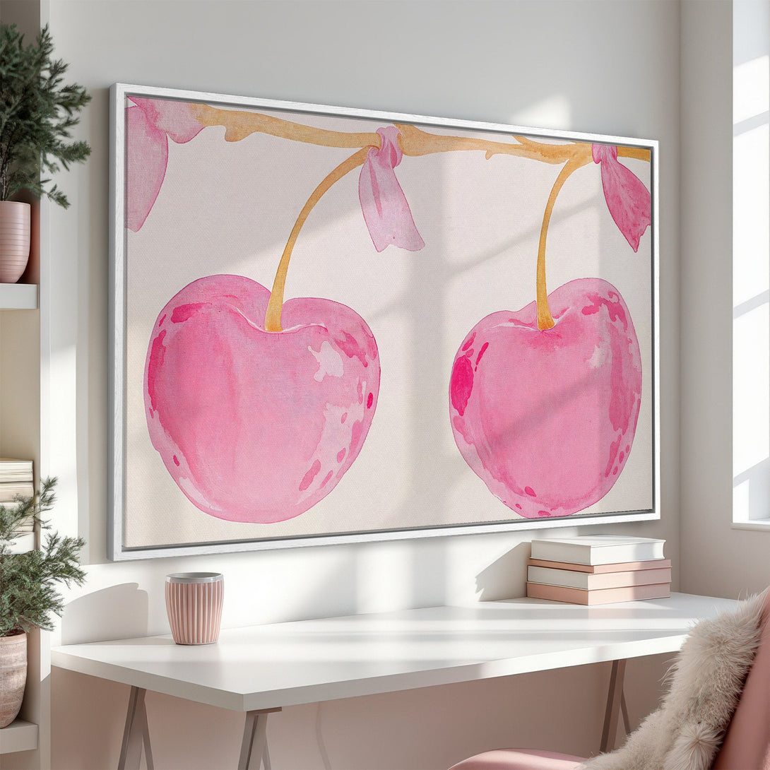 Framed Wall Art: Watercolor cherries in pink and gold. Modern, feminine decor. Perfect for adding a pop of color to your home!