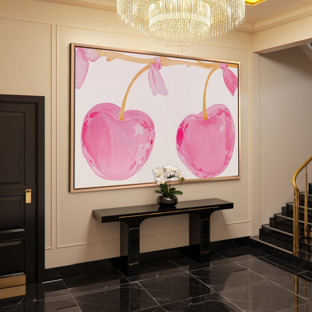 Framed Wall Art featuring watercolor cherries in pink hues. Modern, elegant decor for your home. Adds a pop of color to any space.