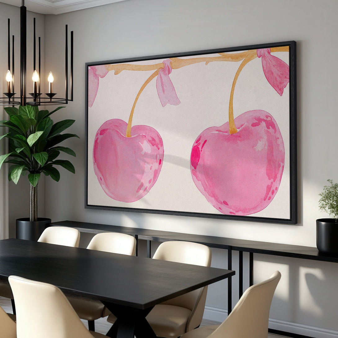 Framed Wall Art: Watercolor cherries in pink and gold, perfect for a modern dining room. Add a pop of color with this stylish canvas print!