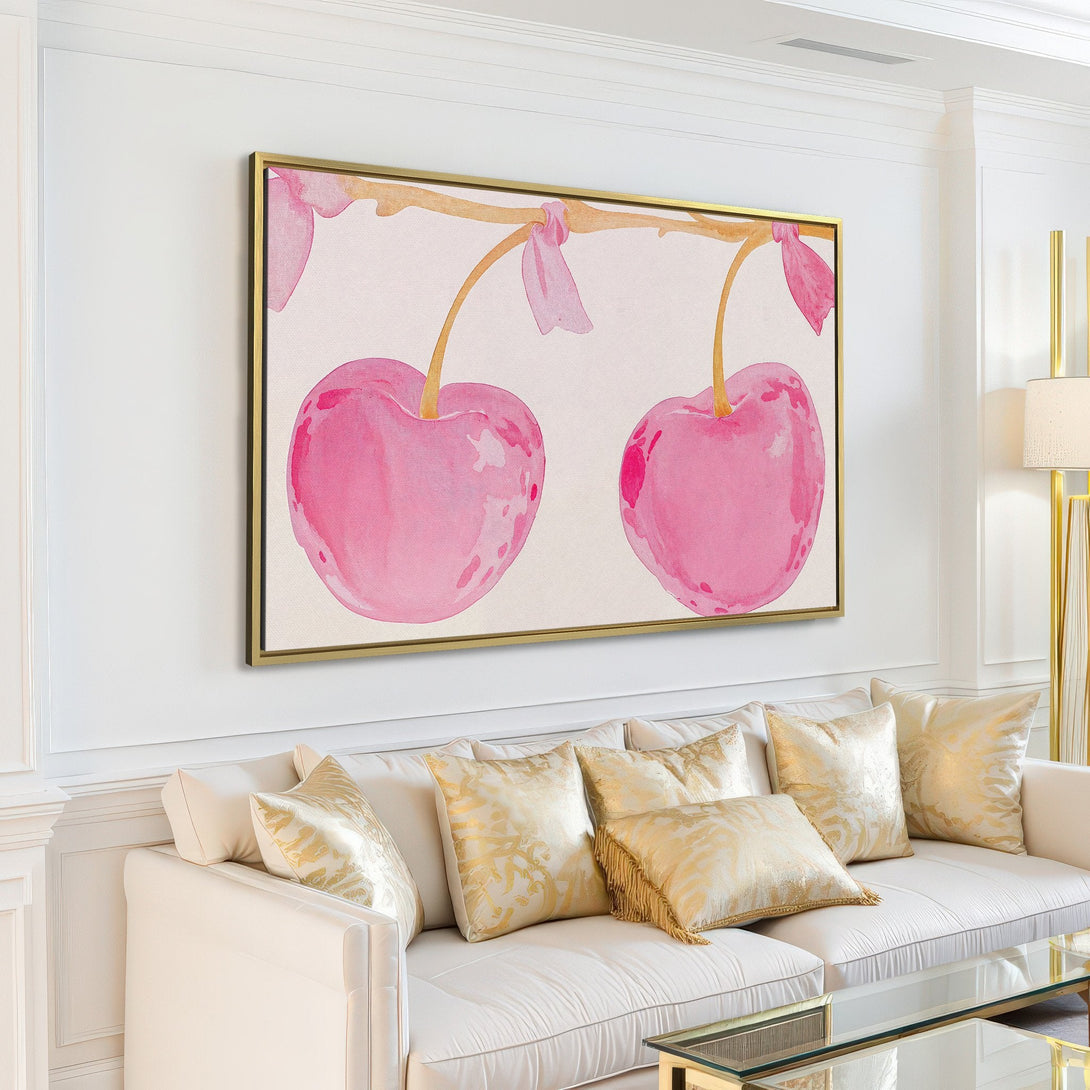 Canvas Print featuring watercolor pink cherries, a whimsical and stylish addition to any home. Soft pink and white palette, perfect for modern decor.