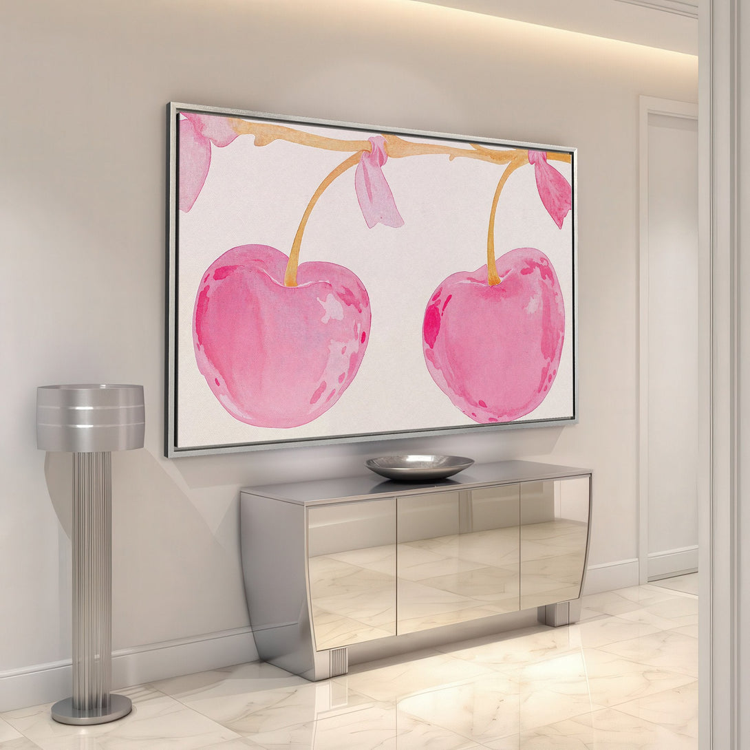 Framed Wall Art: Watercolor cherries in pink hues. Add a touch of elegance with this modern, colorful canvas print, perfect for any interior!