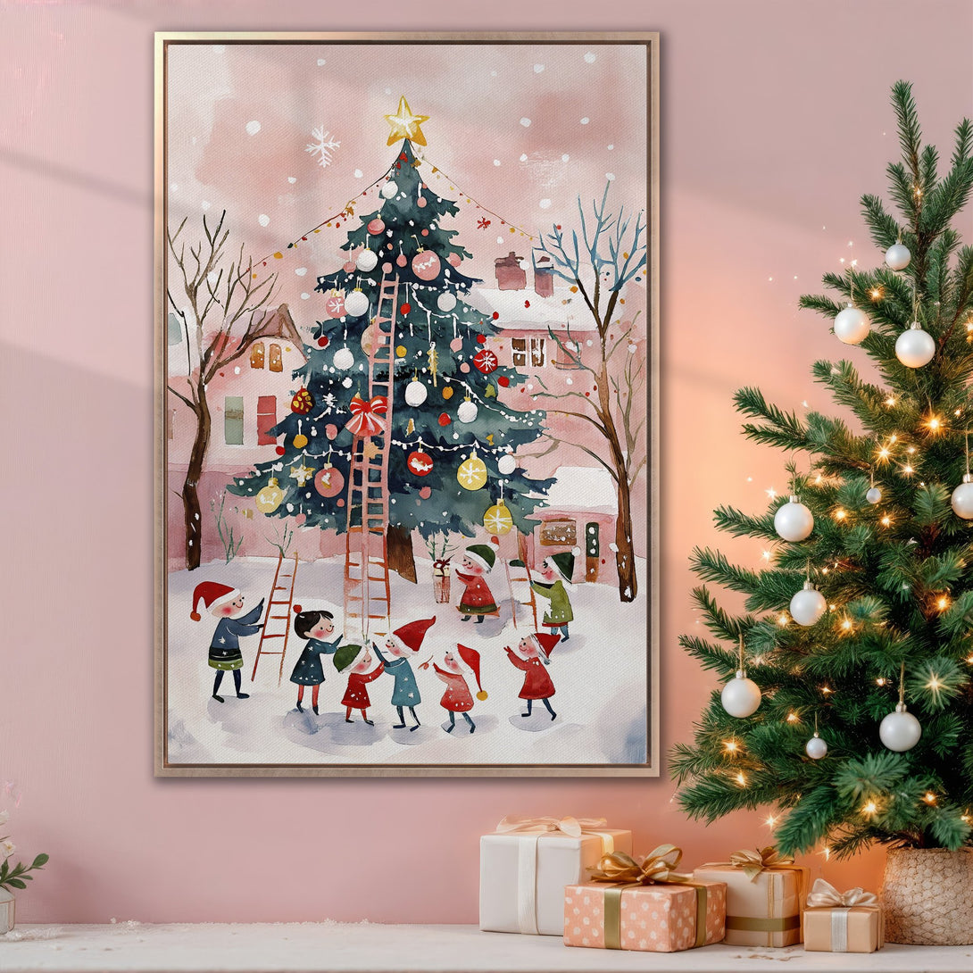 Framed Wall Art: Watercolor Christmas scene with children decorating a tree. Soft pink and green palette, perfect holiday decor!