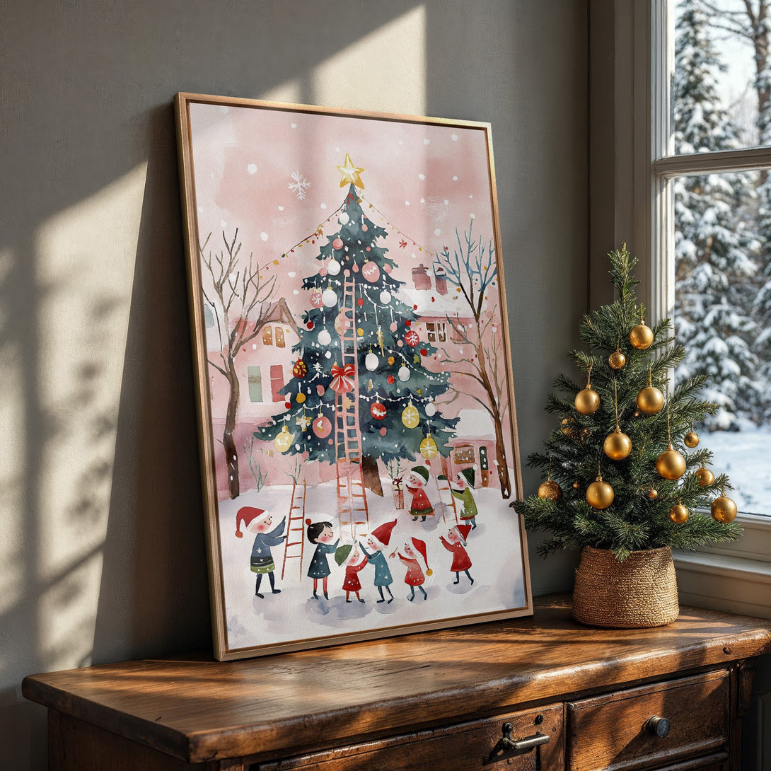 Framed Wall Art: Watercolor Christmas scene with children decorating a tree. Soft pink and blue palette, perfect holiday decor. Add festive cheer to your home!