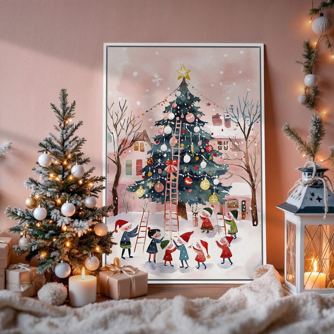 Framed Wall Art: Watercolor Christmas scene in pink & green. Festive holiday decor featuring a charming winter village and children. Perfect for seasonal home accents.