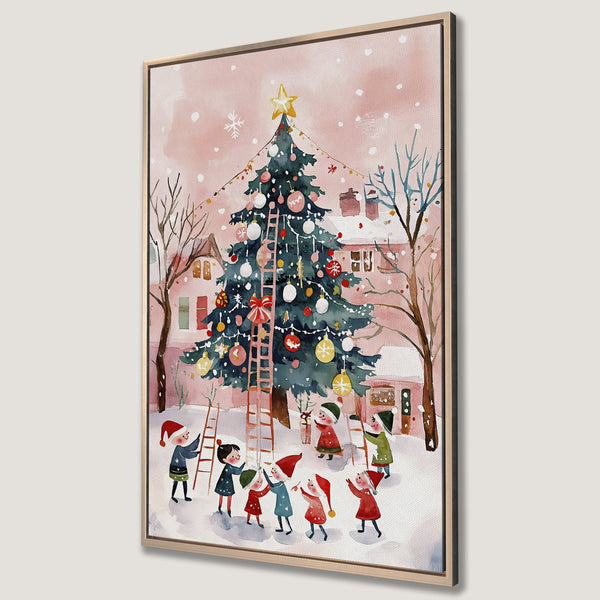 Framed Wall Art of a whimsical Christmas scene. Watercolor style with a pink and green color palette. Festive artwork featuring a decorated tree and children.