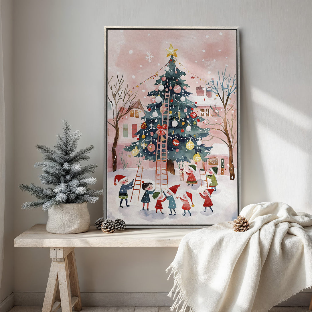 Framed Wall Art: Whimsical watercolor Christmas scene with a decorated tree, children, and a pink/green color palette. Perfect holiday decor!