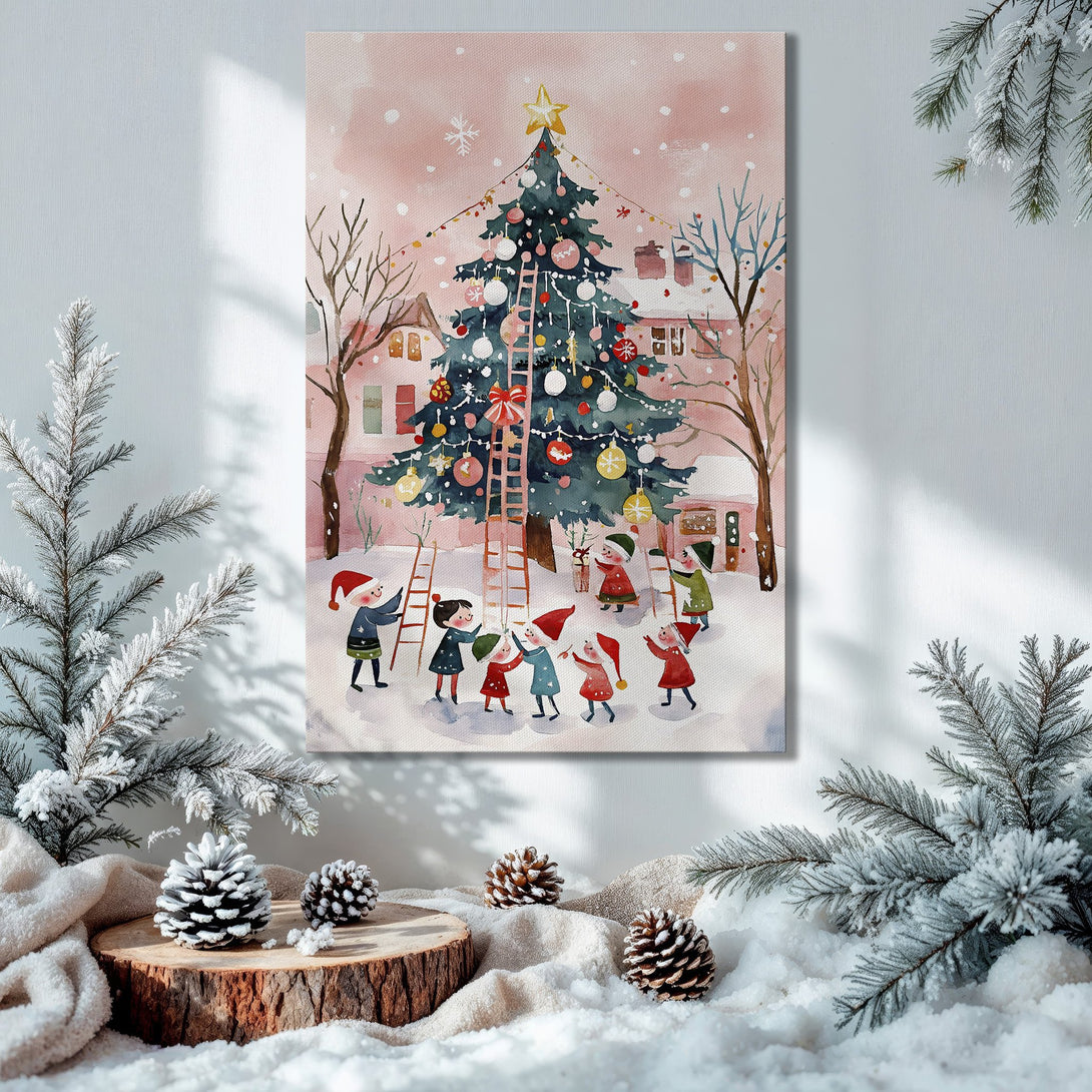Framed Wall Art: Watercolor Christmas scene with kids decorating a tree. Soft pink & green color palette, perfect holiday decor for your home.