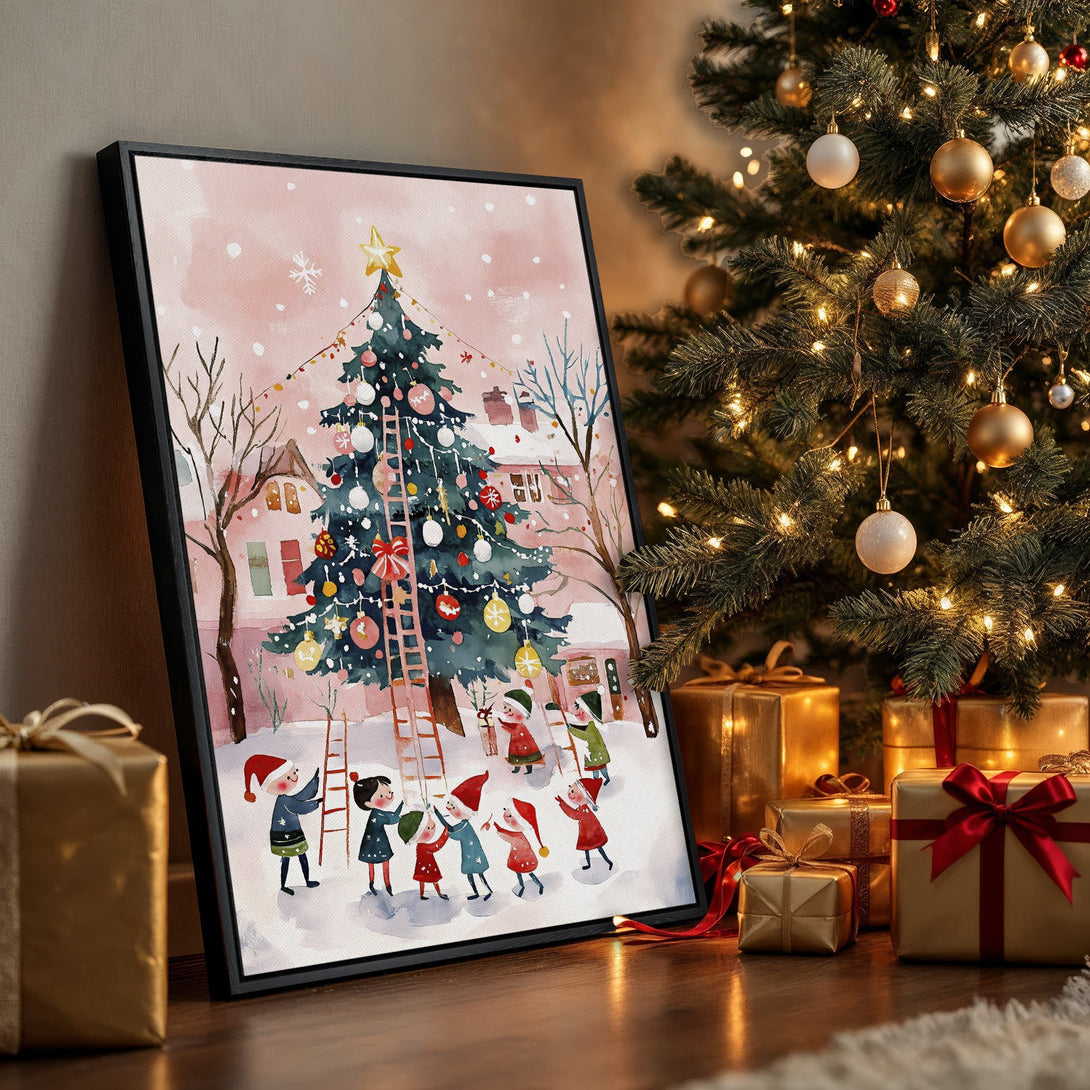 Framed Wall Art: Watercolor Christmas scene with children, tree, and snow. Features a soft pink & green palette, perfect for holiday decor.