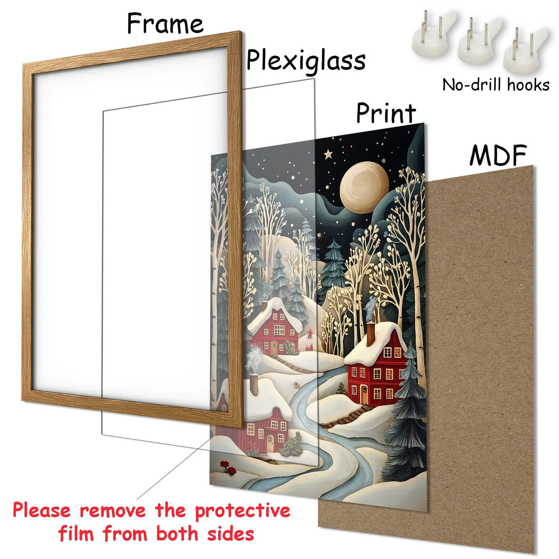 Framed Poster featuring a winter village scene with a blue, white, and red color palette. Perfect wall art for cozy decor!