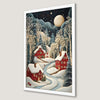 Whimsical Winter Village Art Poster with Red Cabins