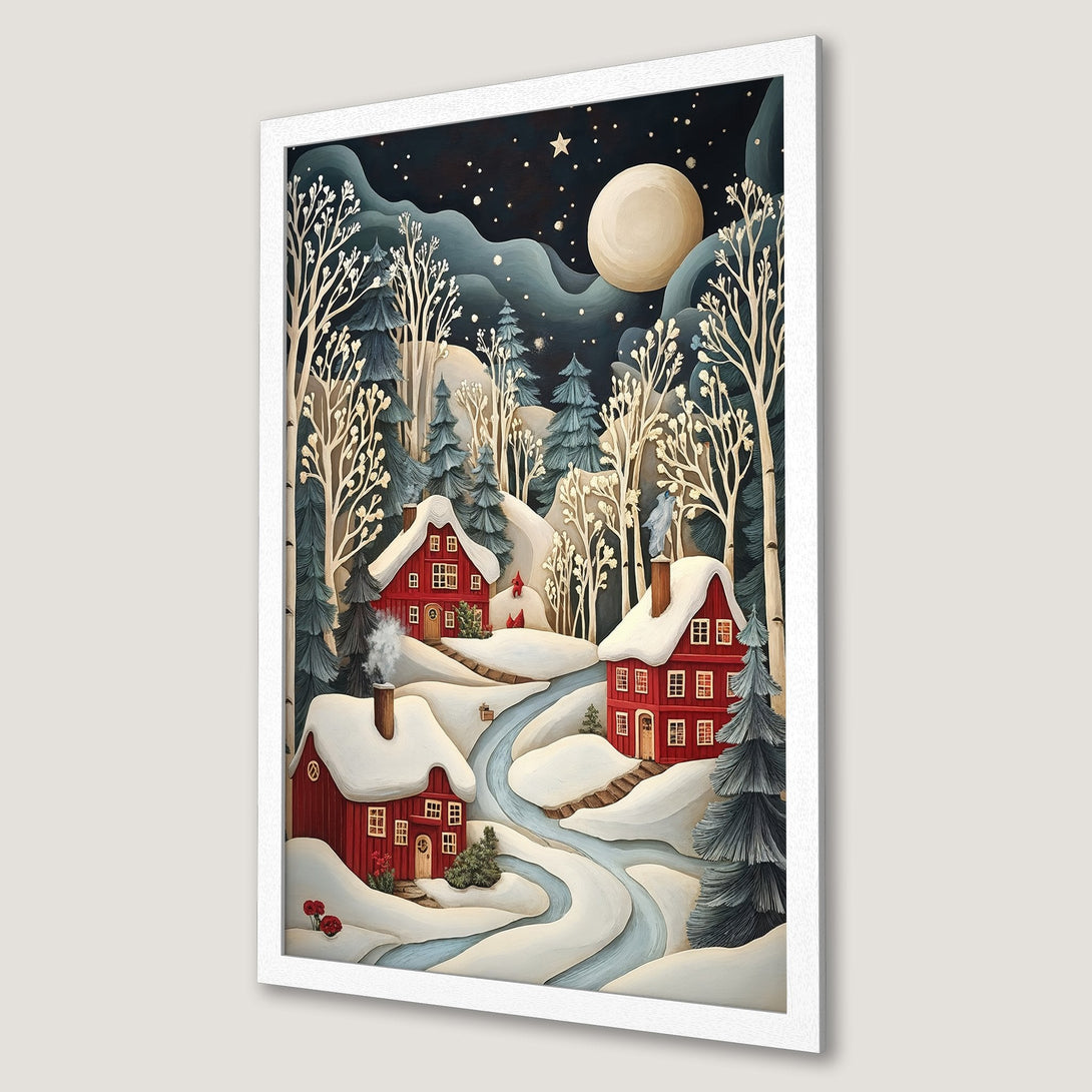 Framed Poster featuring a winter village scene with red houses, trees, and a snowy landscape. Warm, inviting color palette.