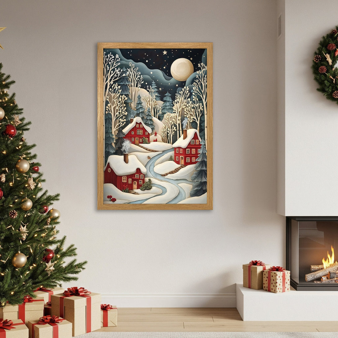 Framed Poster featuring a winter village scene in a whimsical style, with red houses and a cool blue and white palette. Perfect holiday decor!