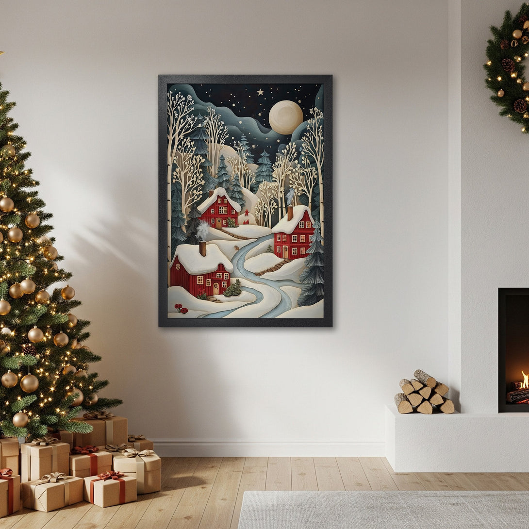 Framed Poster of a winter village scene in a whimsical style with a blue, white, and red color palette. Perfect holiday decor!