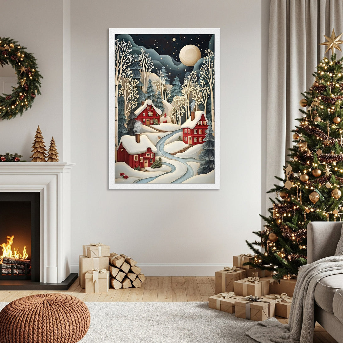 Framed Poster featuring a winter village scene. Charming illustration style with red, blue, and white color palette, perfect holiday wall art.