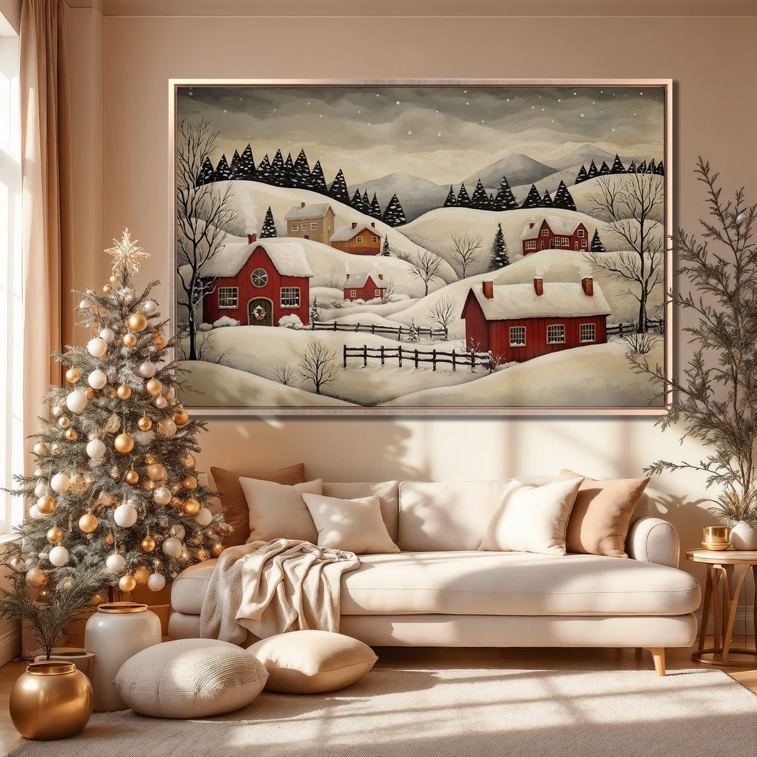 Framed Wall Art: Winter landscape Canvas Print with red houses, neutral tones. Perfect for cozy home decor. Add warmth and style to your space!