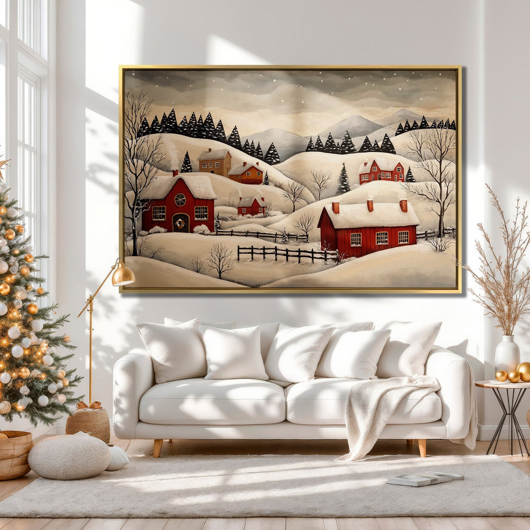 Canvas Print of a charming winter landscape with red houses, neutral tones. Perfect wall art for cozy, rustic home decor.