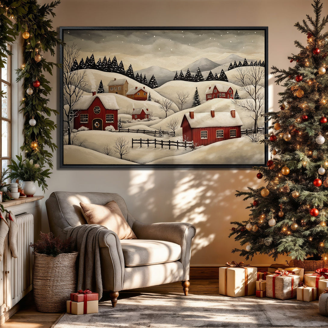 Framed Wall Art: Winter landscape Canvas Print with red houses, neutral tones, and a cozy, festive interior. Perfect for holiday decor!