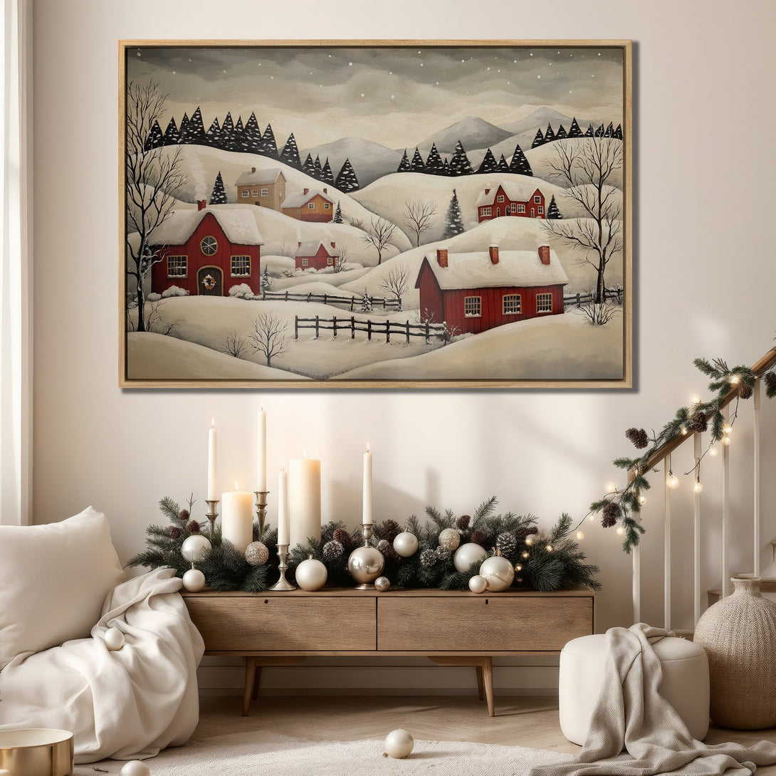 Framed Wall Art: Winter landscape Canvas Print with red houses and snow, neutral color palette. Perfect for cozy home decor.
