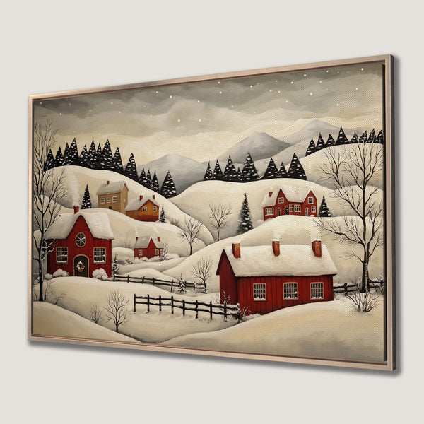 Framed Wall Art: Winter landscape Canvas Print with red houses, snowy hills, and a warm, inviting color palette. Perfect for cozy home decor.
