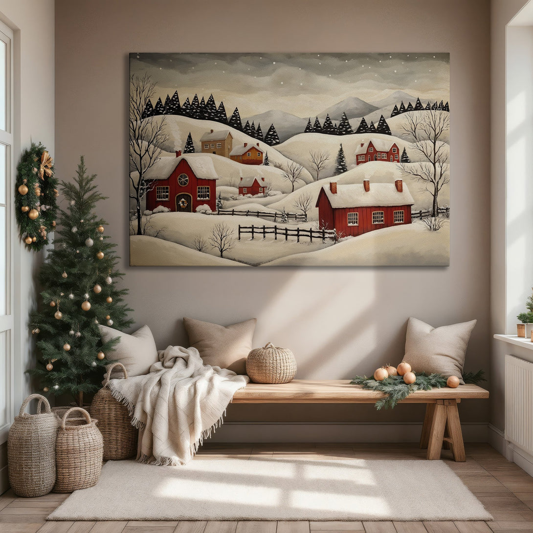 Framed Wall Art: Winter landscape Canvas Print with red houses and snowy hills. Rustic style, neutral and red color palette, perfect for cozy interiors.