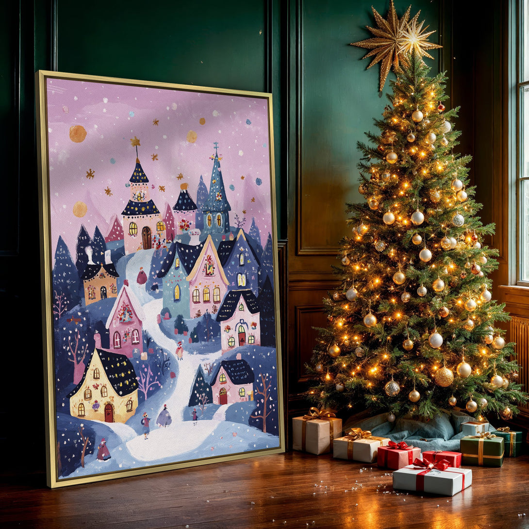 Canvas Print of a whimsical winter village scene in a charming, illustrative style with a soft, pastel color palette. Perfect wall art for cozy spaces.