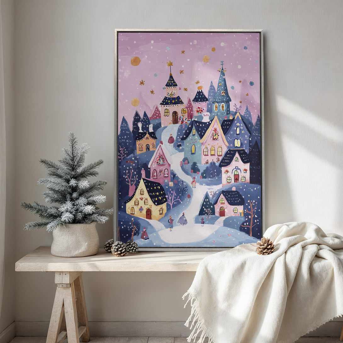 Framed Wall Art featuring a whimsical winter village scene in a pastel color palette. Perfect for adding a touch of cozy charm to your home decor.