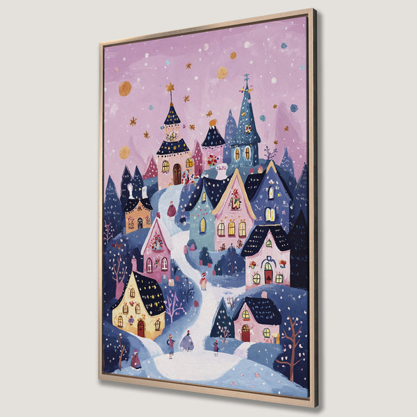 Framed Wall Art: Whimsical village scene in a dreamy, pastel color palette. Charming illustration style Canvas Print perfect for adding a touch of magic to your space.