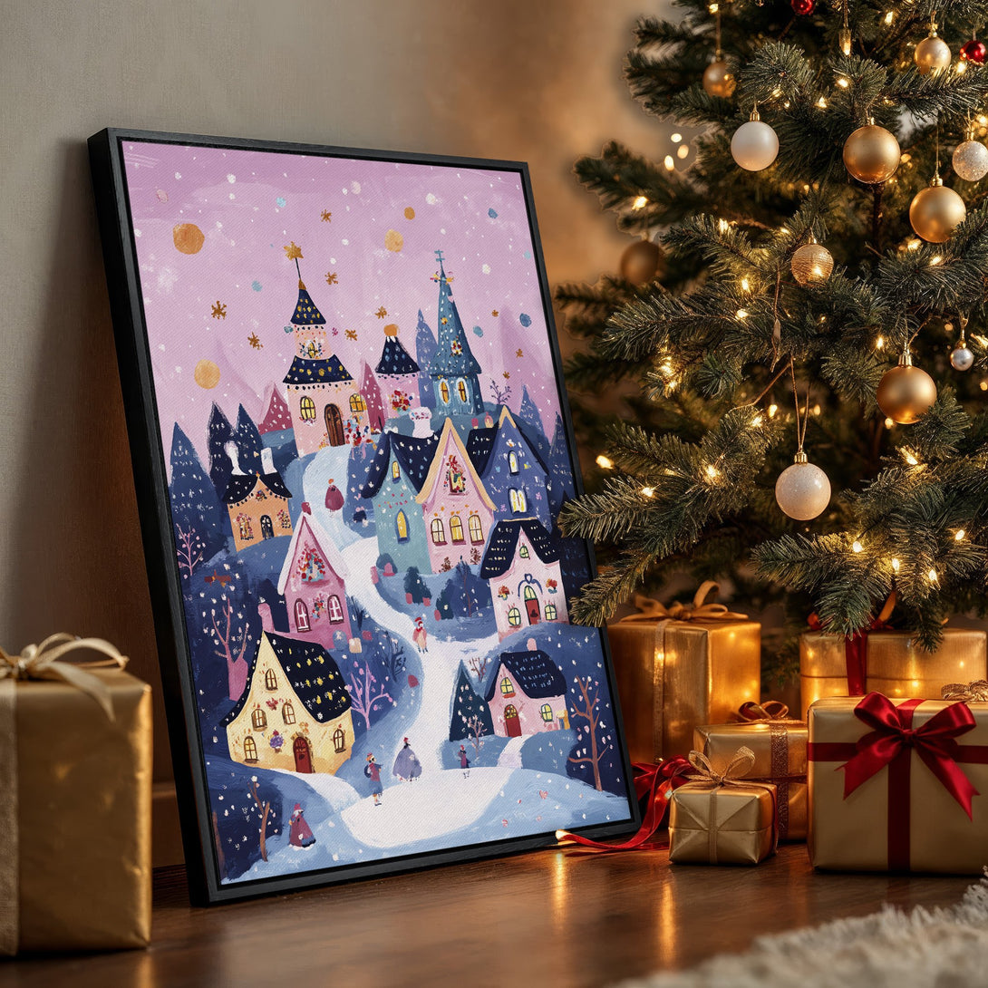 Framed Wall Art: Whimsical winter village scene in a pastel pink and blue palette. Perfect for holiday decor! Add a touch of cozy charm to your home.