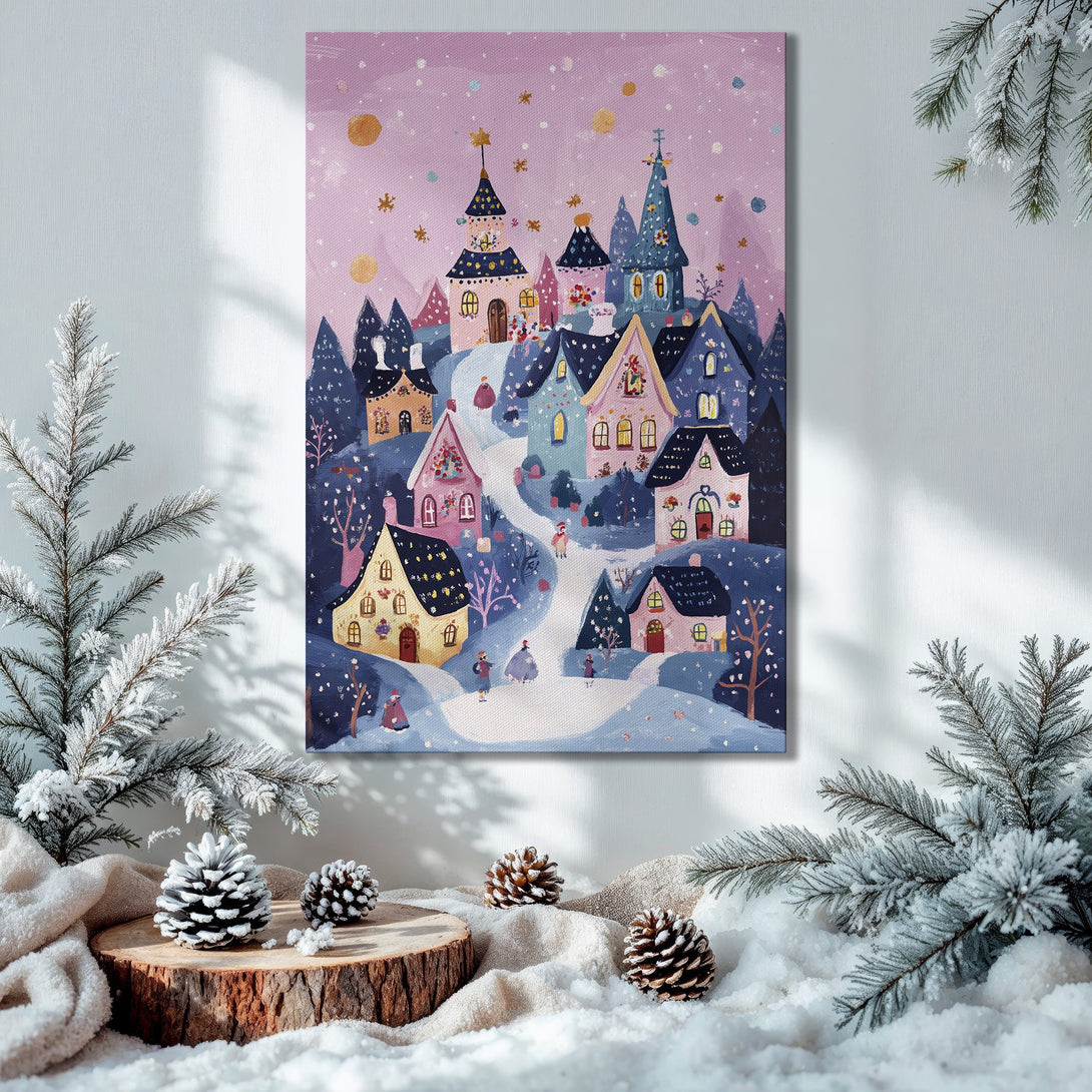Framed Wall Art: Whimsical winter village Canvas Print with pastel colors, perfect for holiday decor. Adds a cozy, artistic touch to any space.