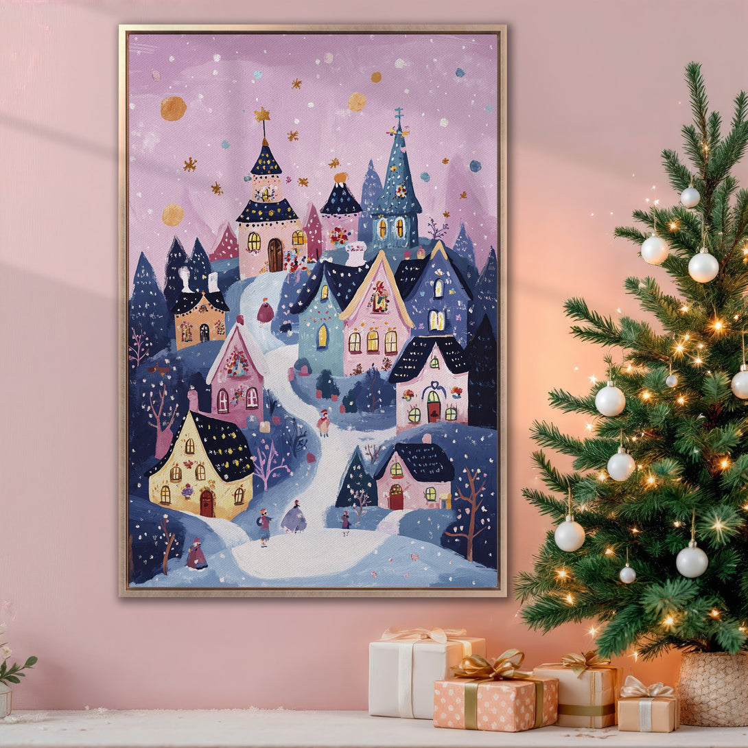 Framed Wall Art: Whimsical winter village scene in a dreamy, painterly style. Soft pink, blue, and gold color palette, perfect for holiday decor.