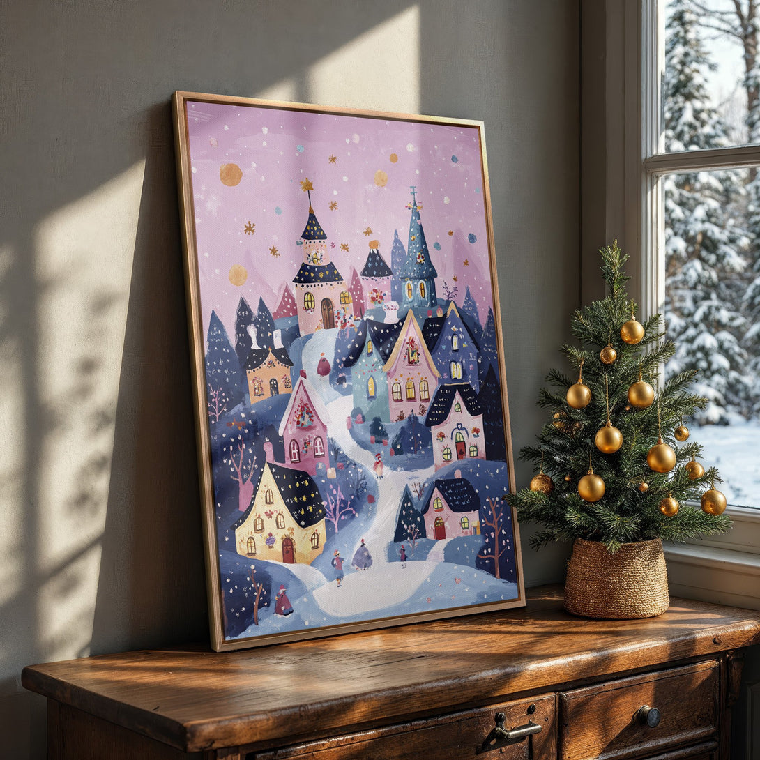 Framed Wall Art of a whimsical winter village in a cozy interior. Pastel pink and blue color palette. Perfect for adding charm to your home!