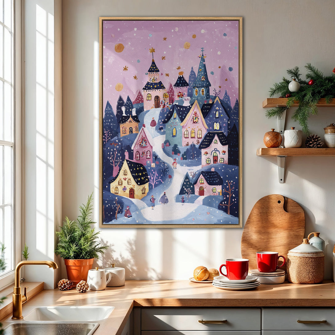 Framed Wall Art: Whimsical winter village scene in a charming, illustrated style. Soft blue, pink, and gold color palette. Perfect for cozy home decor.