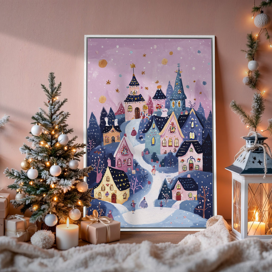 Framed Wall Art: Whimsical winter village scene in pastel pinks, blues, and purples. Cozy art perfect for holiday decor!