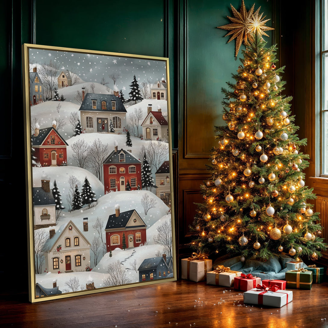 Canvas Print of a charming winter village scene in a whimsical style with a soft, neutral color palette. Perfect for cozy home decor!