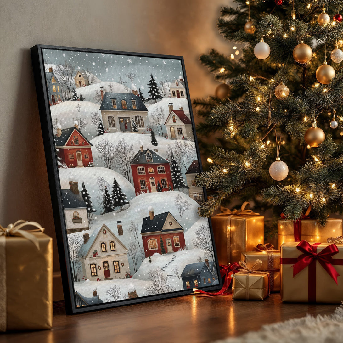 Framed Wall Art featuring a cozy winter village scene with snow, in a warm color palette. Perfect holiday decor!