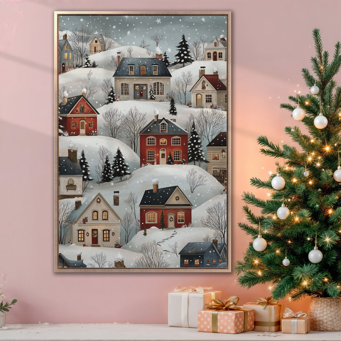 Framed Wall Art: Cozy winter village scene in a whimsical style with red, white, and blue hues. Perfect for holiday decor!