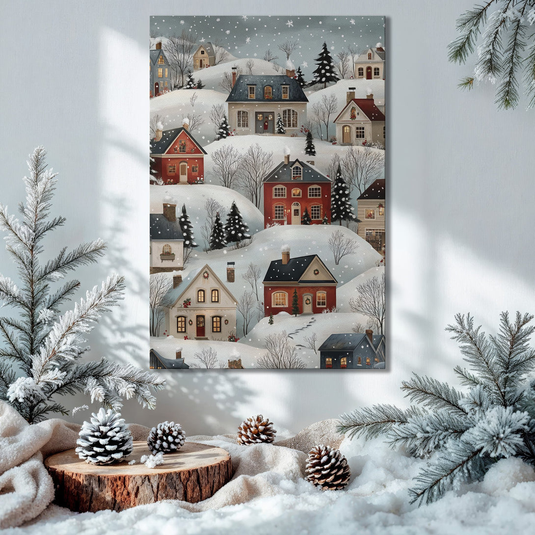 Framed Wall Art: Winter village scene in a cozy interior. Charming illustration with red, white, and gray hues. Perfect holiday decor!